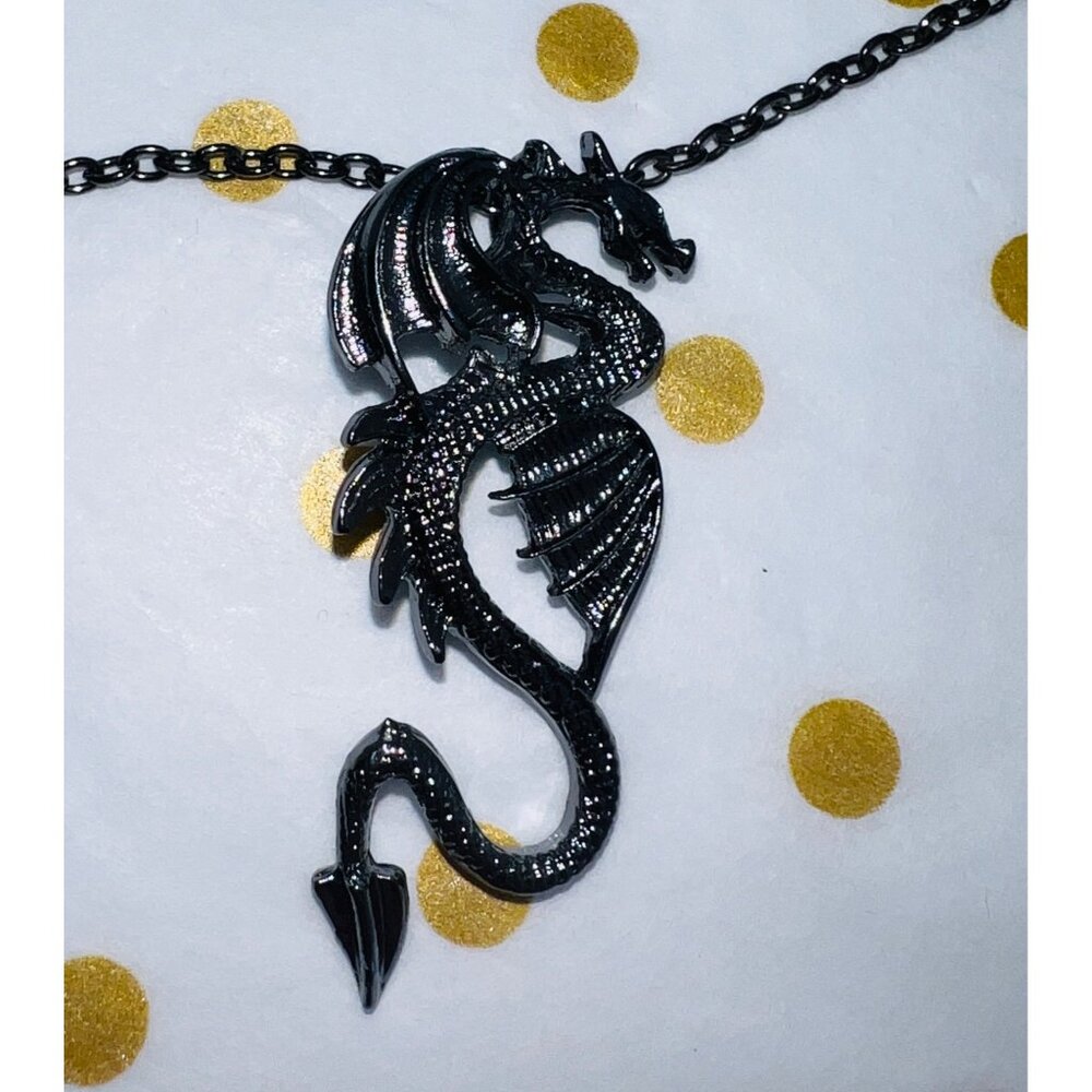 Black Dragon Pendant Necklace With Adjustable Black Chain Gothic Mystic 10.5”